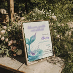 Editable under the sea mermaid tail birthday invitation with a watercolor mermaid tail and sparkling ocean waves Canva template