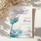 Editable under the sea mermaid tail birthday invitation with a watercolor mermaid tail and sparkling ocean waves Canva template