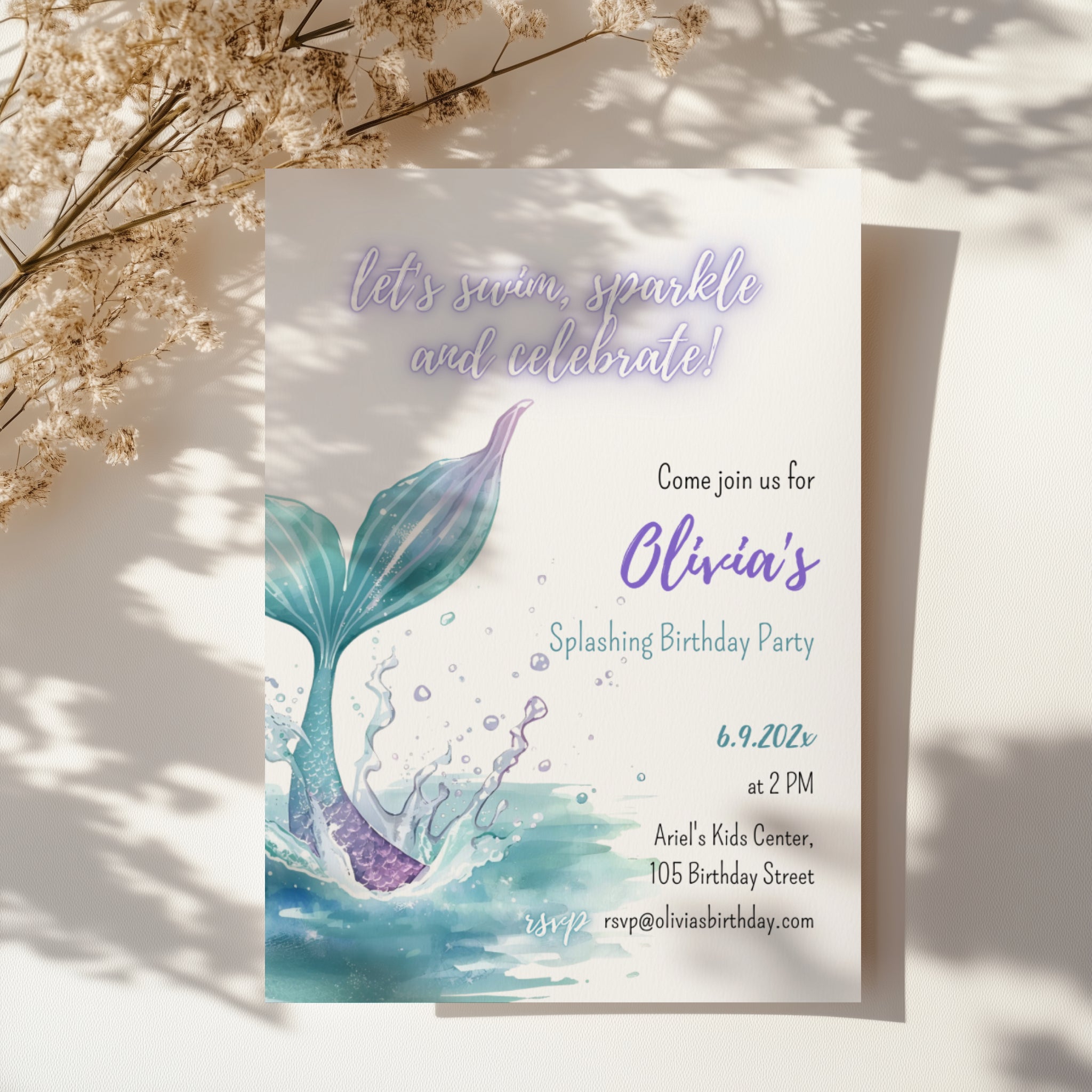 Editable under the sea mermaid tail birthday invitation with a watercolor mermaid tail and sparkling ocean waves Canva template