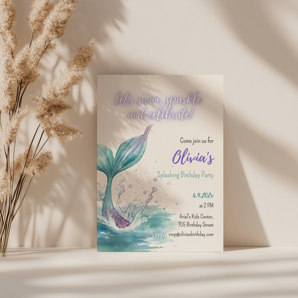 Editable under the sea mermaid tail birthday invitation with a watercolor mermaid tail and sparkling ocean waves Canva template