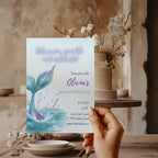 Editable under the sea mermaid tail birthday invitation with a watercolor mermaid tail and sparkling ocean waves Canva template