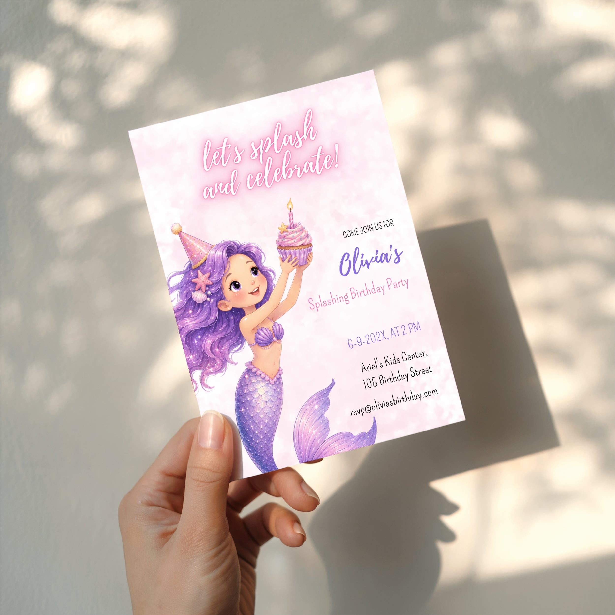Editable watercolor mermaid birthday invitation with a cute pastel mermaid and magical under the sea theme Canva template