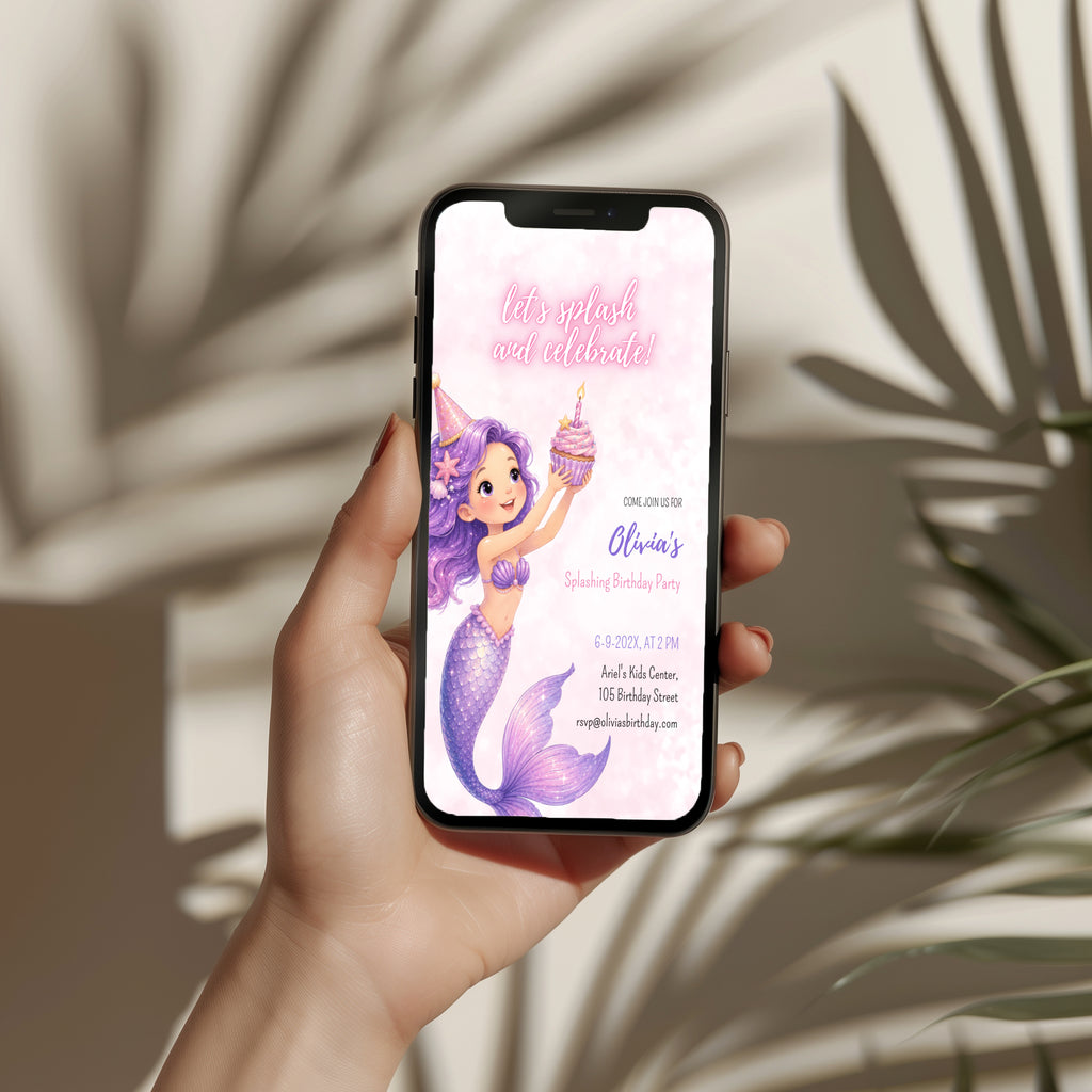 Editable watercolor mermaid birthday invitation with a cute pastel mermaid and magical under the sea theme Canva template