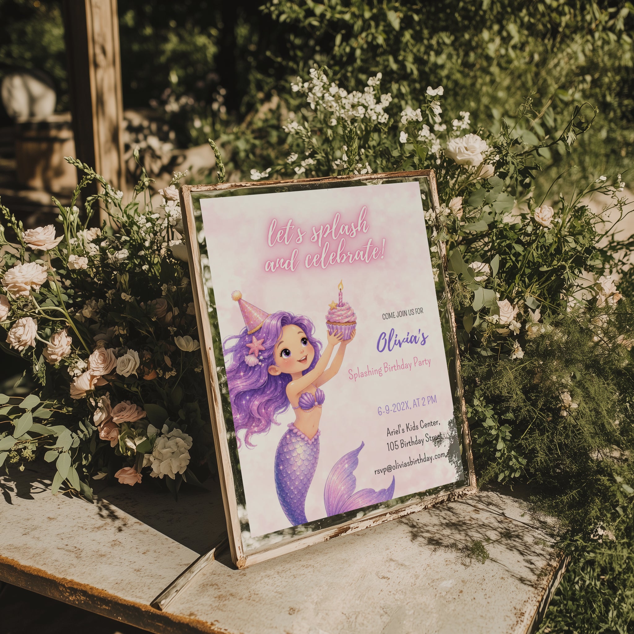 Editable watercolor mermaid birthday invitation with a cute pastel mermaid and magical under the sea theme Canva template
