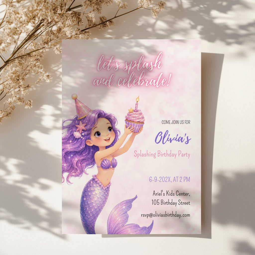 Editable watercolor mermaid birthday invitation with a cute pastel mermaid and magical under the sea theme Canva template