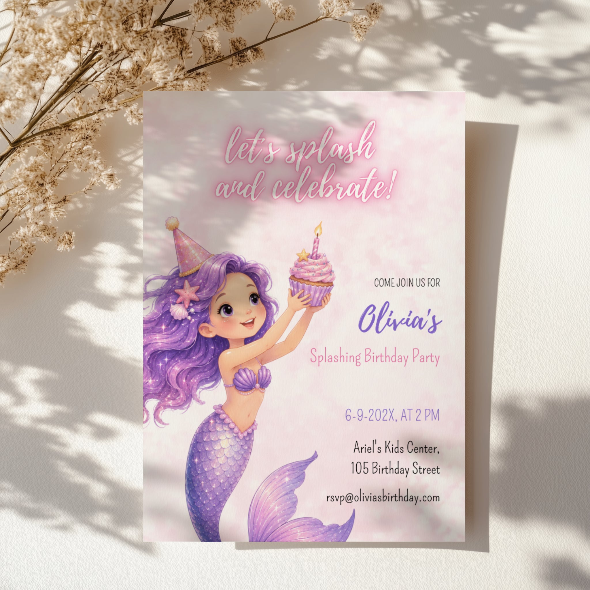 Editable watercolor mermaid birthday invitation with a cute pastel mermaid and magical under the sea theme Canva template