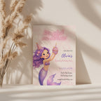 Editable watercolor mermaid birthday invitation with a cute pastel mermaid and magical under the sea theme Canva template