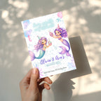 Editable twin mermaid birthday invitation with two watercolor mermaids in a pastel under the sea theme Canva template