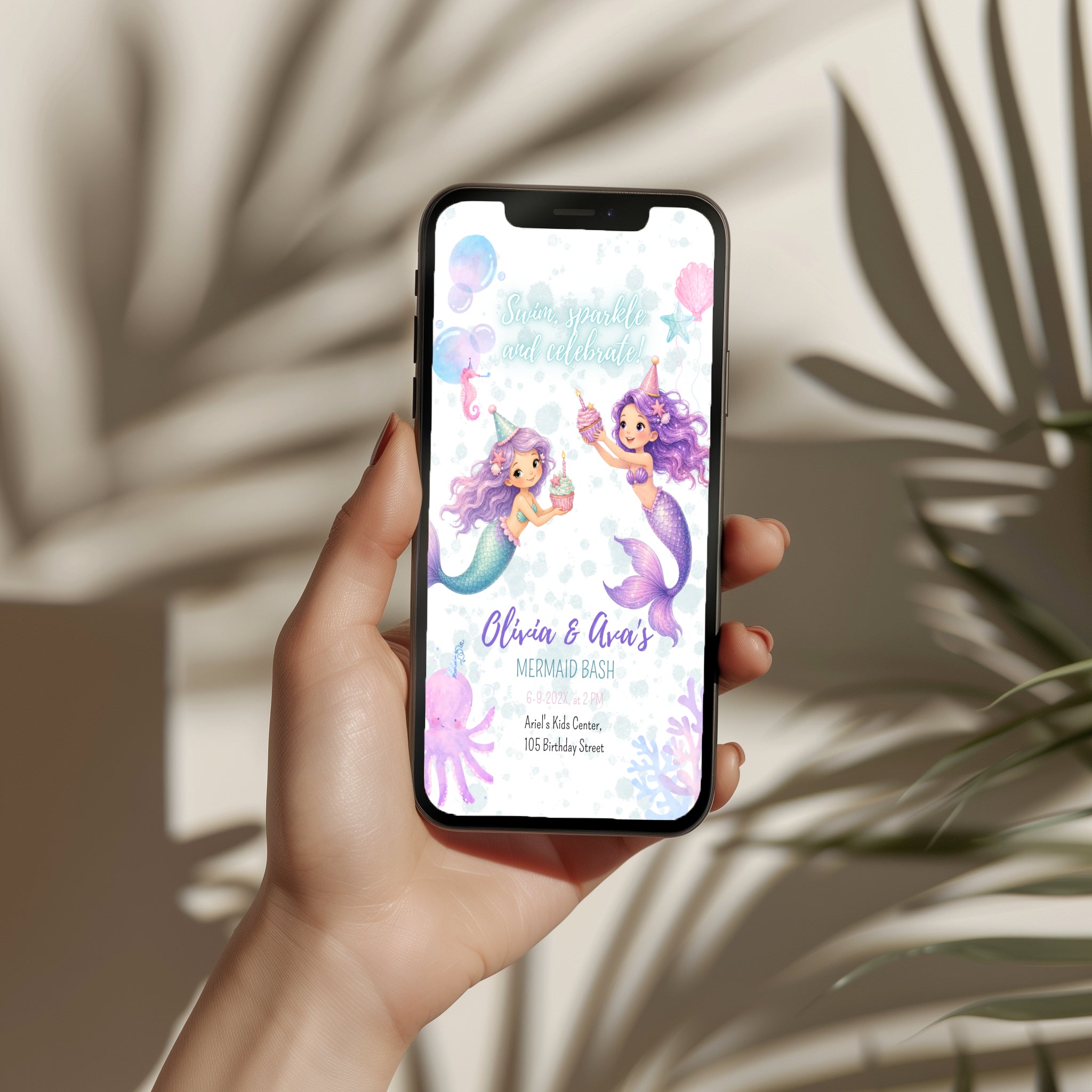 Editable twin mermaid birthday invitation with two watercolor mermaids in a pastel under the sea theme Canva template