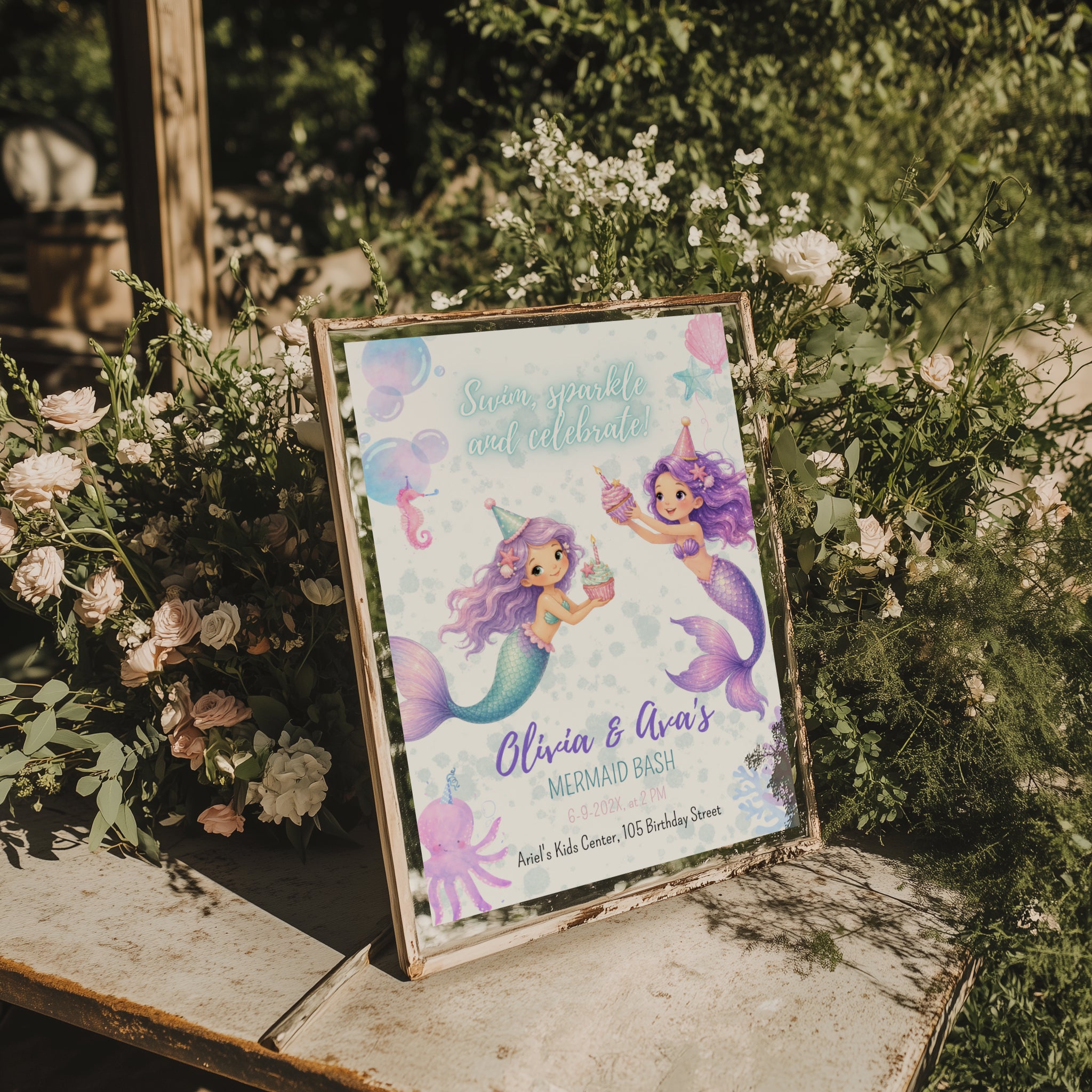 Editable twin mermaid birthday invitation with two watercolor mermaids in a pastel under the sea theme Canva template