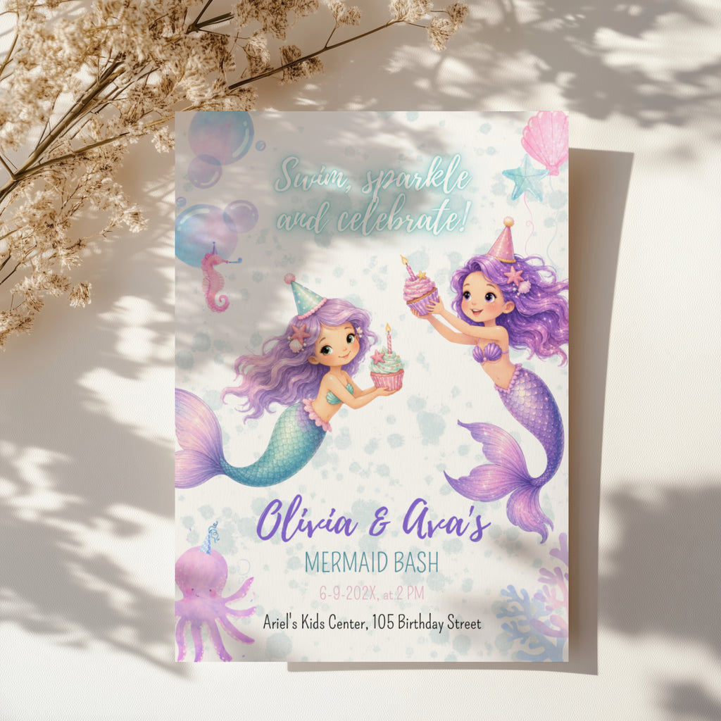 Editable twin mermaid birthday invitation with two watercolor mermaids in a pastel under the sea theme Canva template