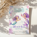 Editable twin mermaid birthday invitation with two watercolor mermaids in a pastel under the sea theme Canva template