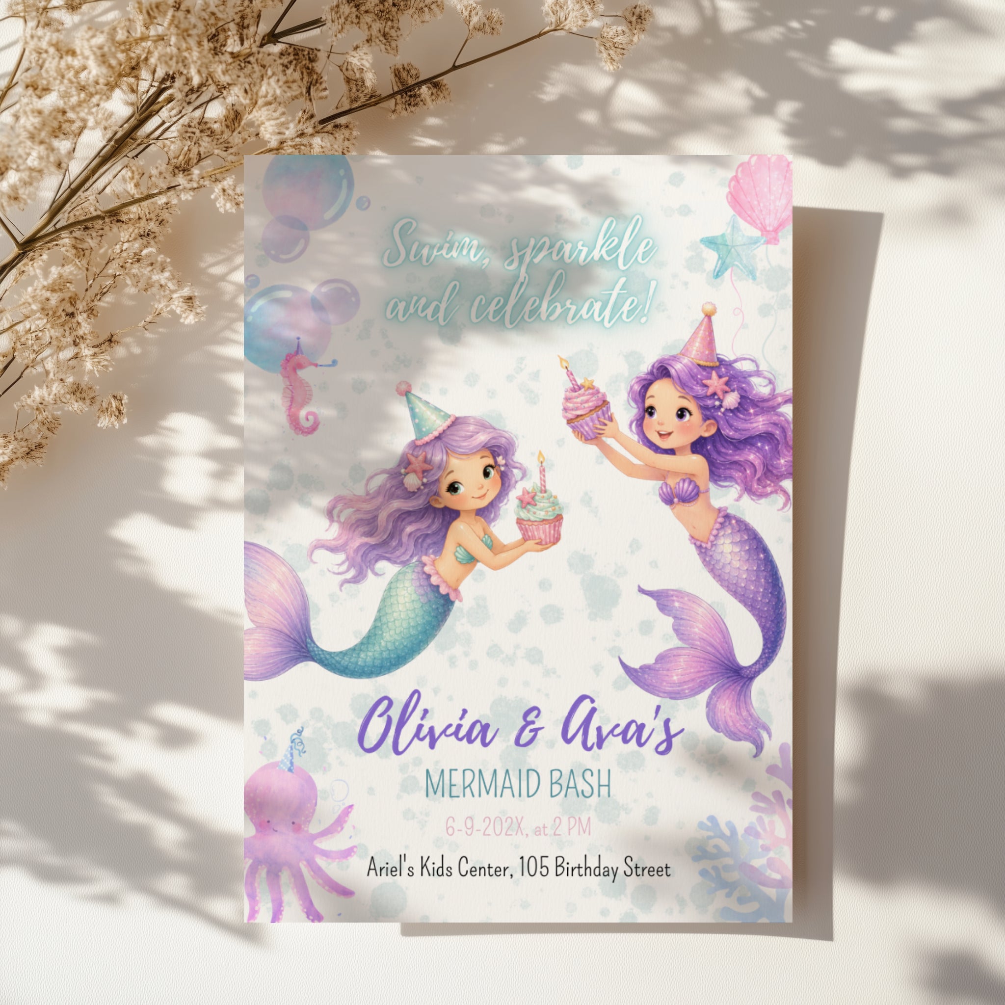 Editable twin mermaid birthday invitation with two watercolor mermaids in a pastel under the sea theme Canva template