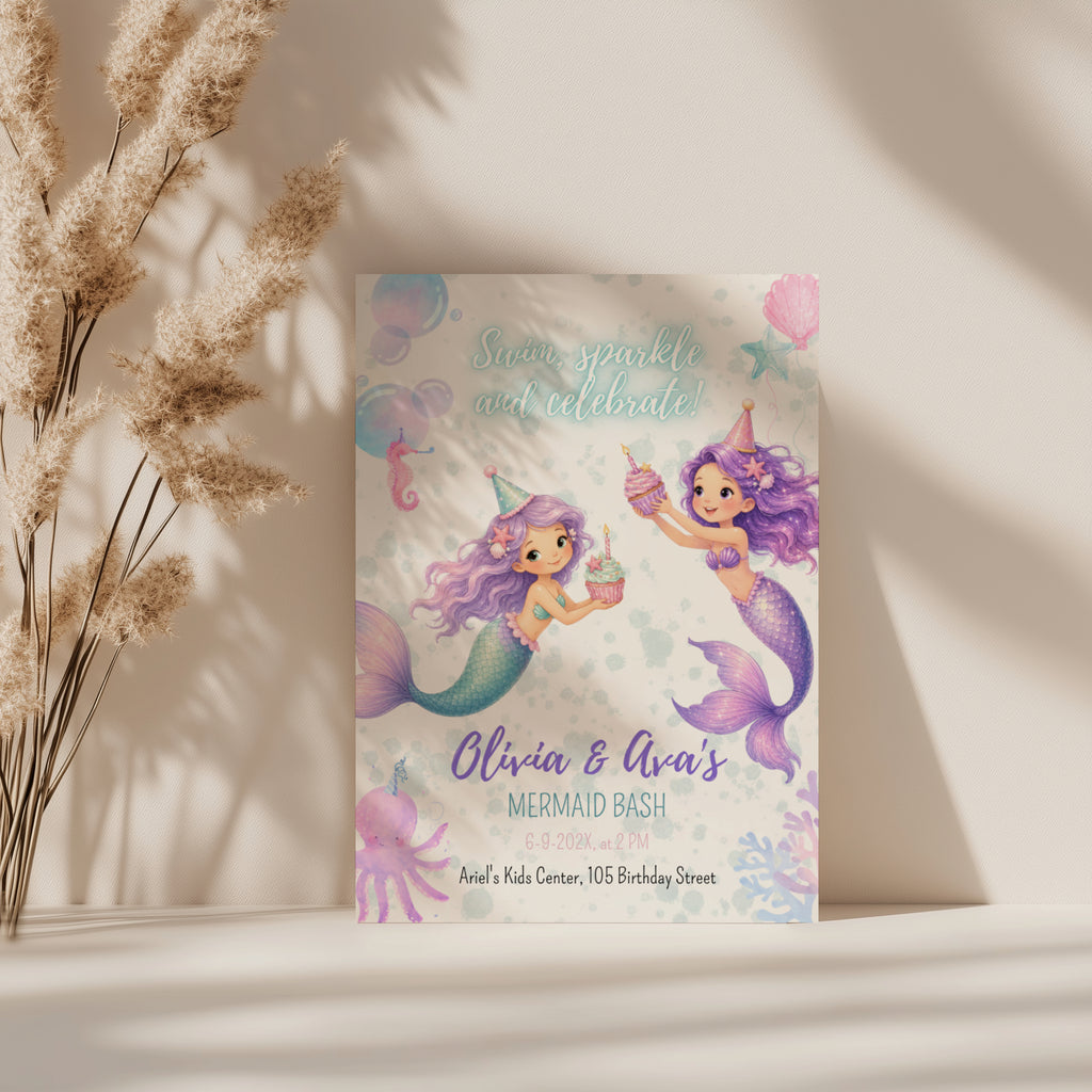 Editable twin mermaid birthday invitation with two watercolor mermaids in a pastel under the sea theme Canva template