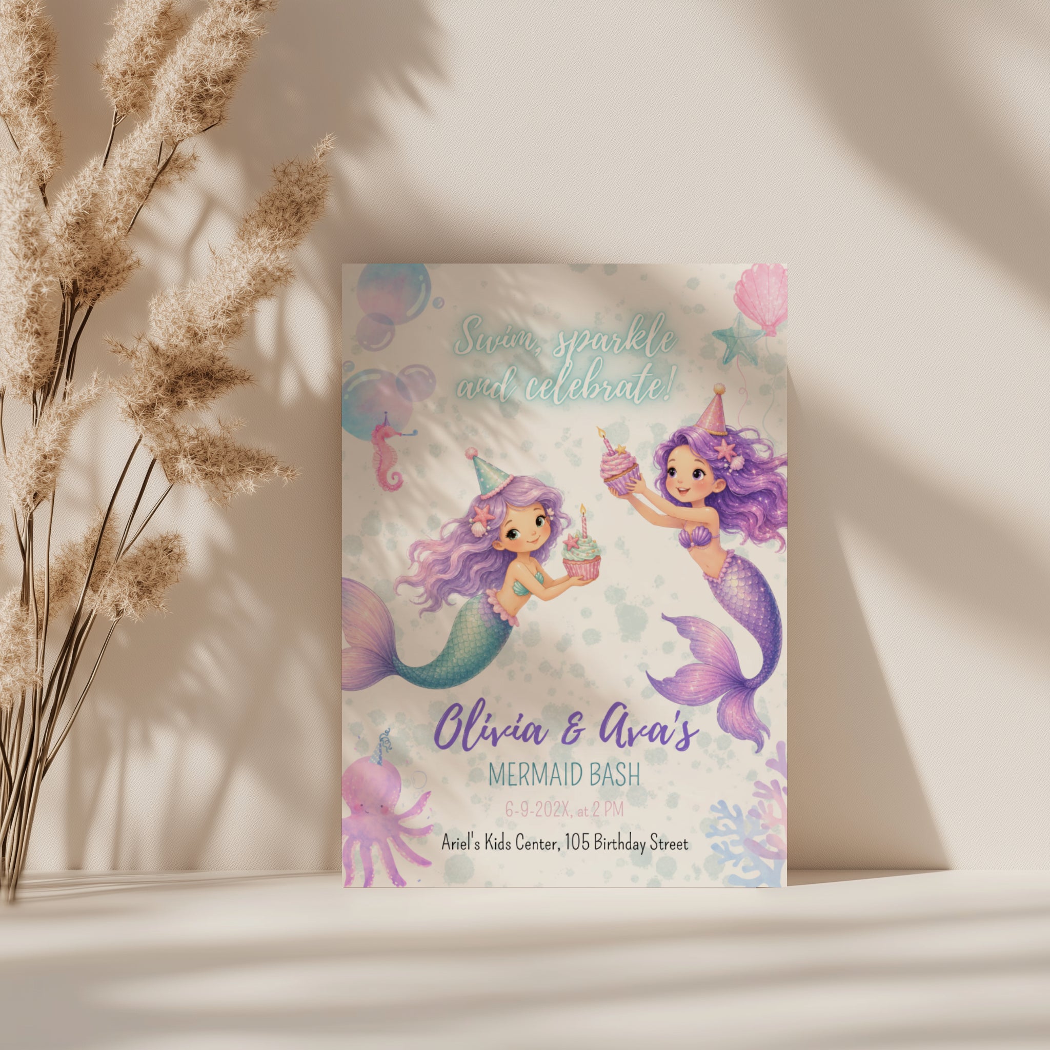 Editable twin mermaid birthday invitation with two watercolor mermaids in a pastel under the sea theme Canva template