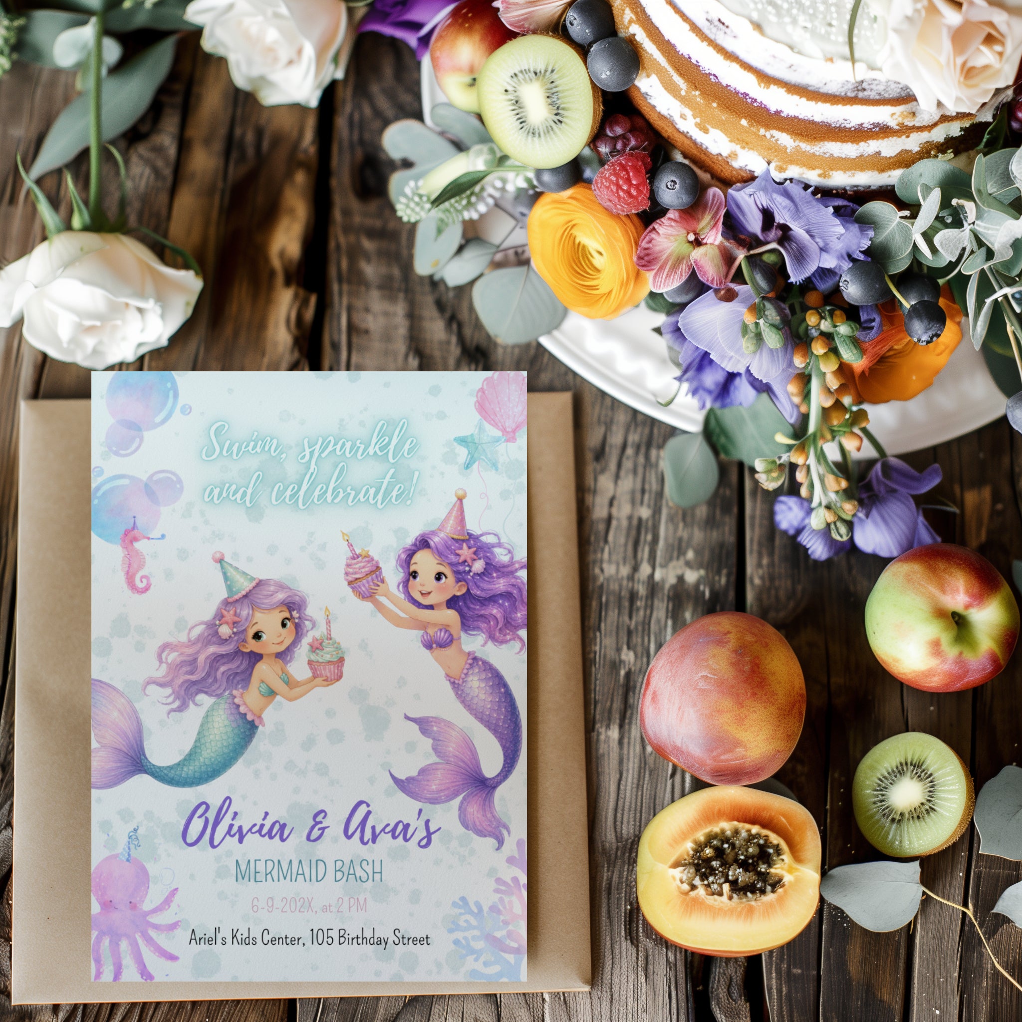 Editable twin mermaid birthday invitation with two watercolor mermaids in a pastel under the sea theme Canva template