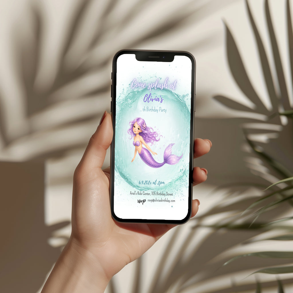 Editable pastel mermaid birthday invitation with a watercolor mermaid and sparkling ocean wave Canva template