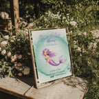 Editable pastel mermaid birthday invitation with a watercolor mermaid and sparkling ocean wave Canva template