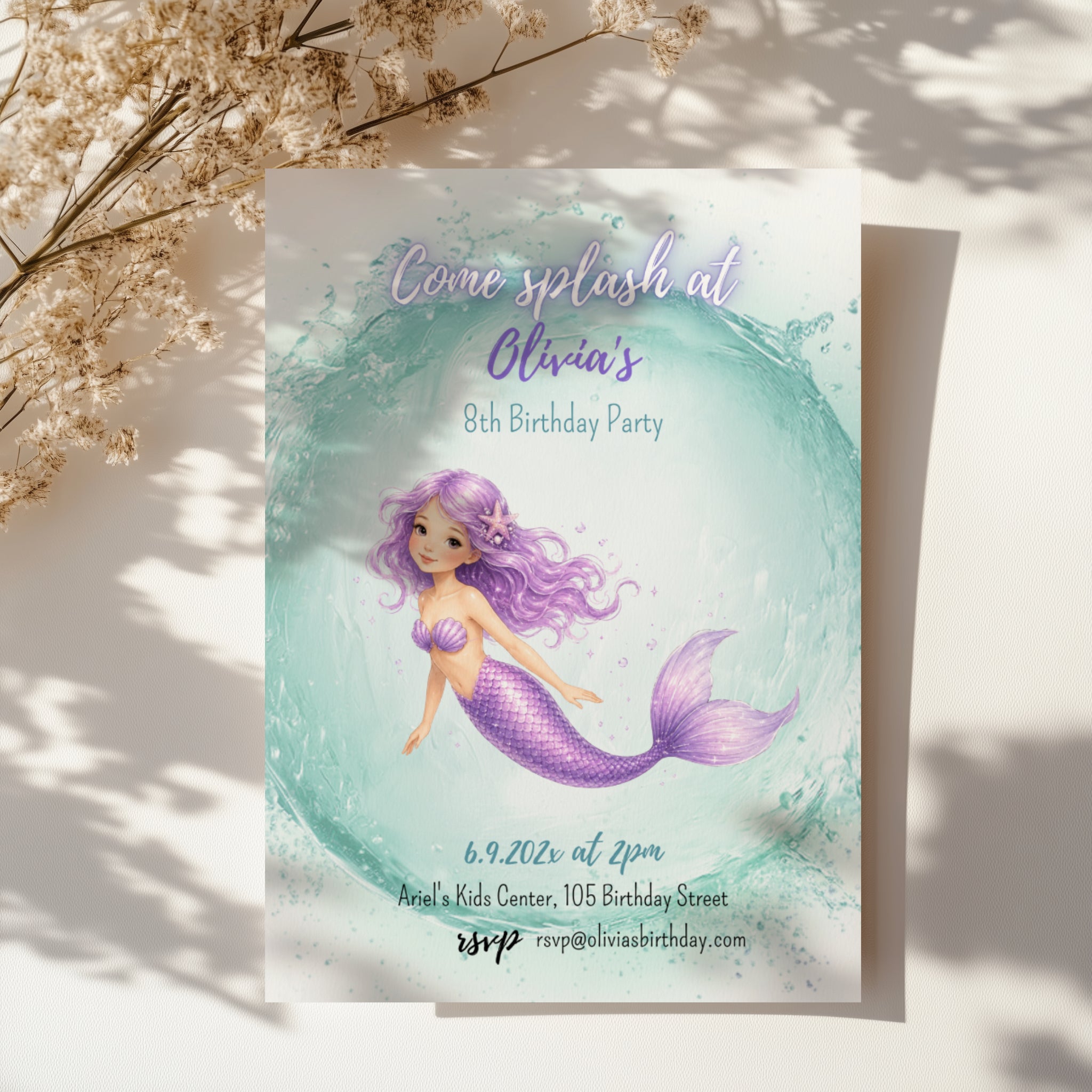 Editable pastel mermaid birthday invitation with a watercolor mermaid and sparkling ocean wave Canva template