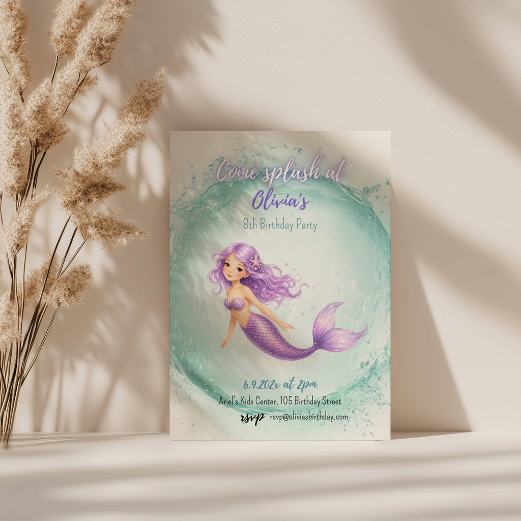 Editable pastel mermaid birthday invitation with a watercolor mermaid and sparkling ocean wave Canva template