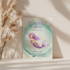 Editable pastel mermaid birthday invitation with a watercolor mermaid and sparkling ocean wave Canva template