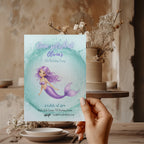 Editable pastel mermaid birthday invitation with a watercolor mermaid and sparkling ocean wave Canva template