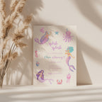 Editable mermaid party birthday invitation with watercolor mermaids, sea creatures and a playful under the sea theme Canva template
