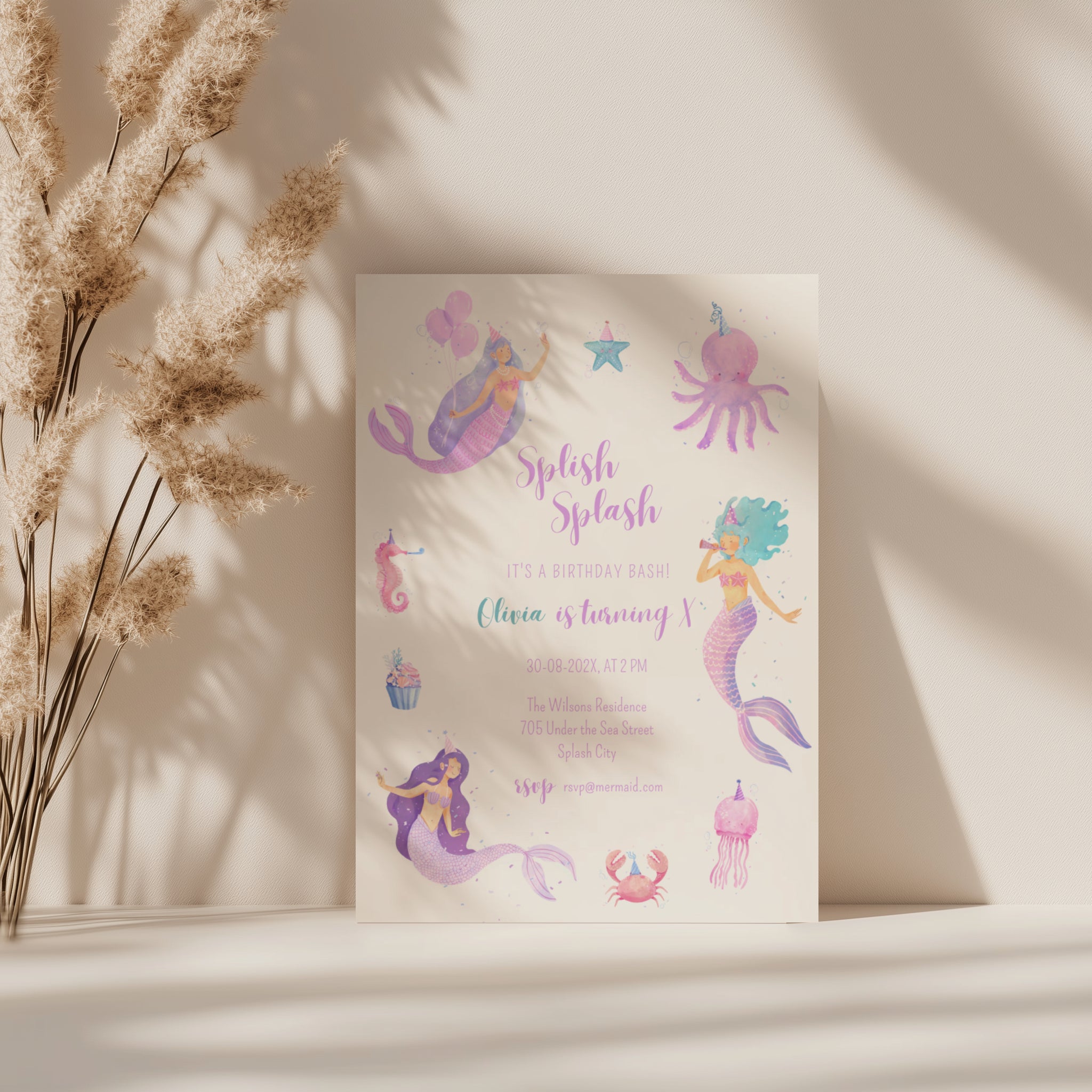 Editable mermaid party birthday invitation with watercolor mermaids, sea creatures and a playful under the sea theme Canva template