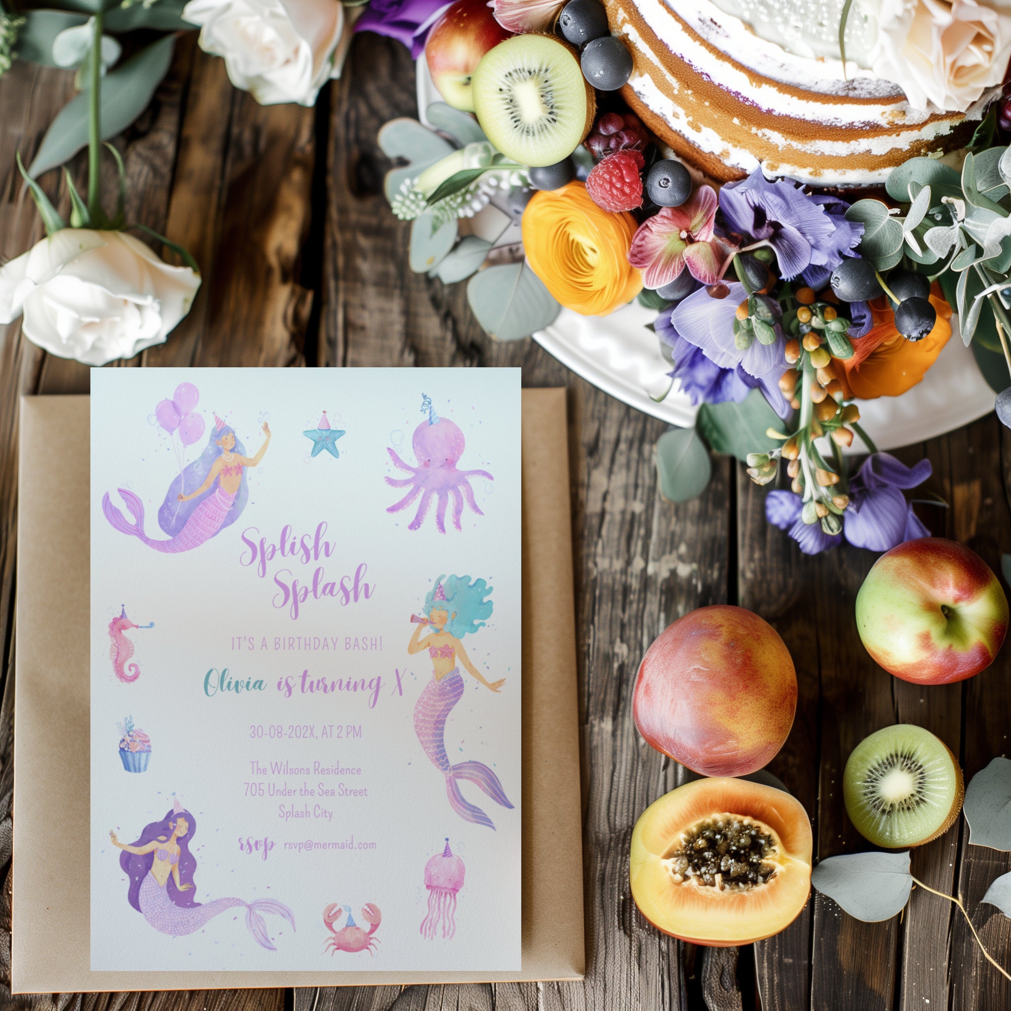 Editable mermaid party birthday invitation with watercolor mermaids, sea creatures and a playful under the sea theme Canva template