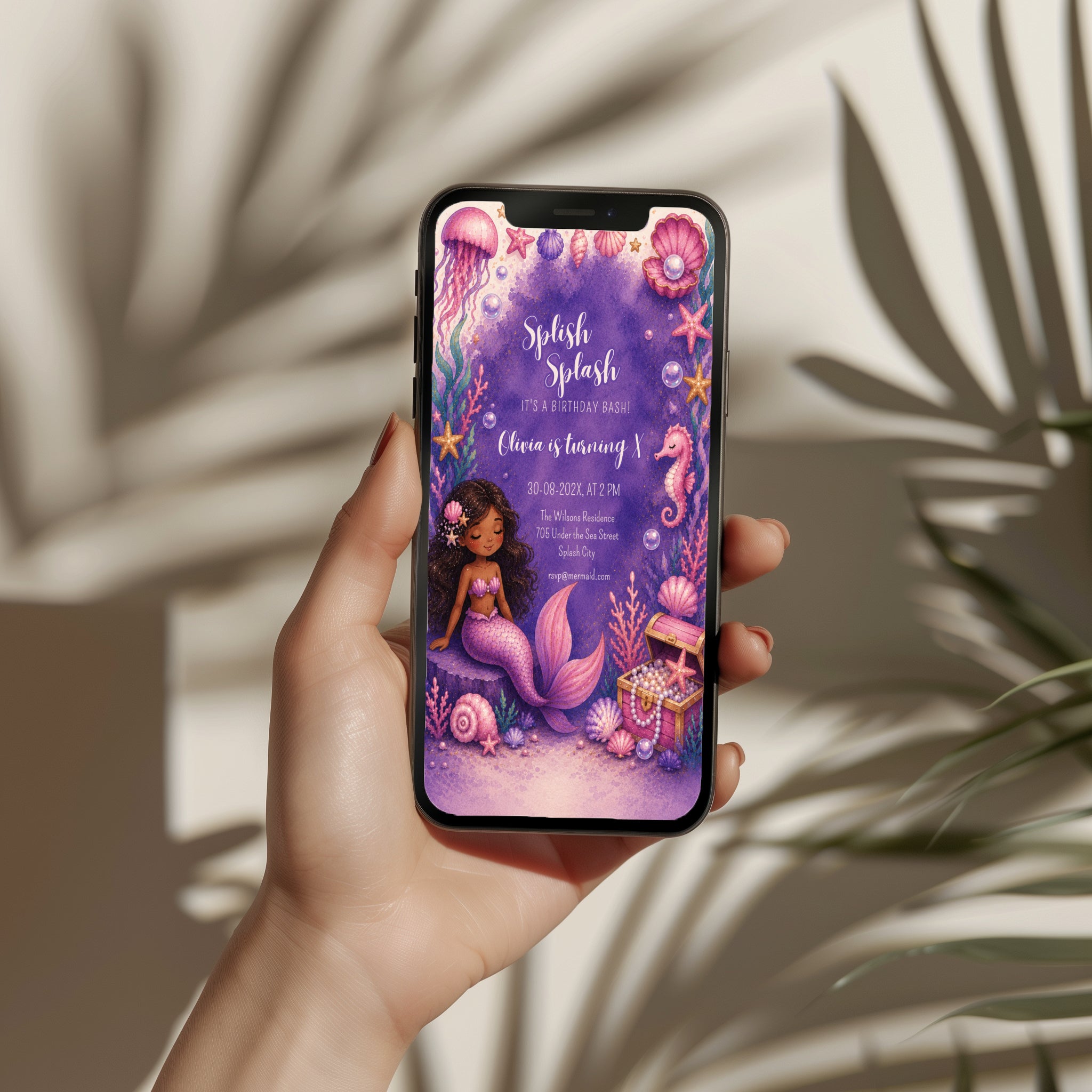 Editable purple under the sea mermaid birthday invitation with watercolor mermaid, seashells, coral and ocean treasures Canva template