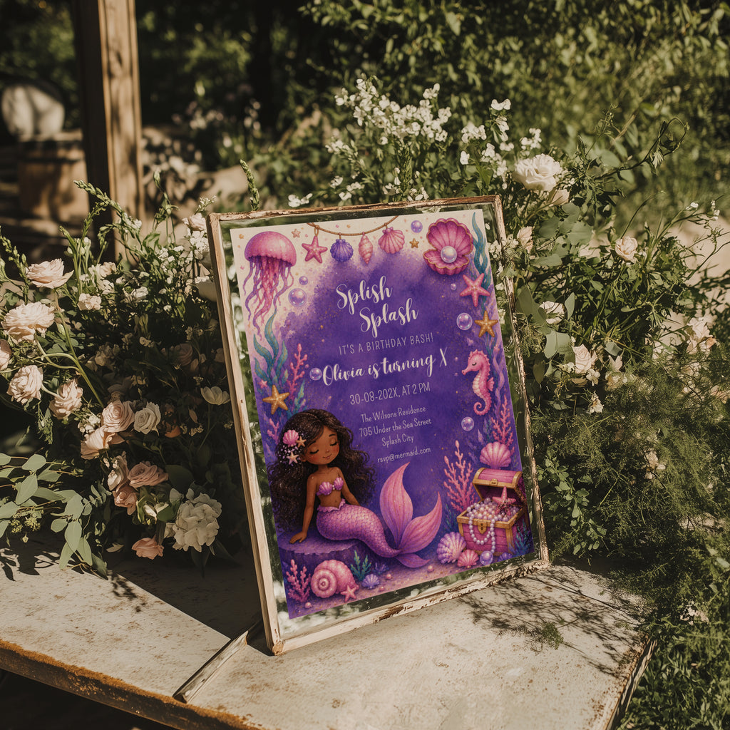 Editable purple under the sea mermaid birthday invitation with watercolor mermaid, seashells, coral and ocean treasures Canva template