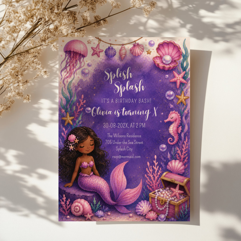 Editable purple under the sea mermaid birthday invitation with watercolor mermaid, seashells, coral and ocean treasures Canva template
