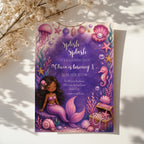 Editable purple under the sea mermaid birthday invitation with watercolor mermaid, seashells, coral and ocean treasures Canva template