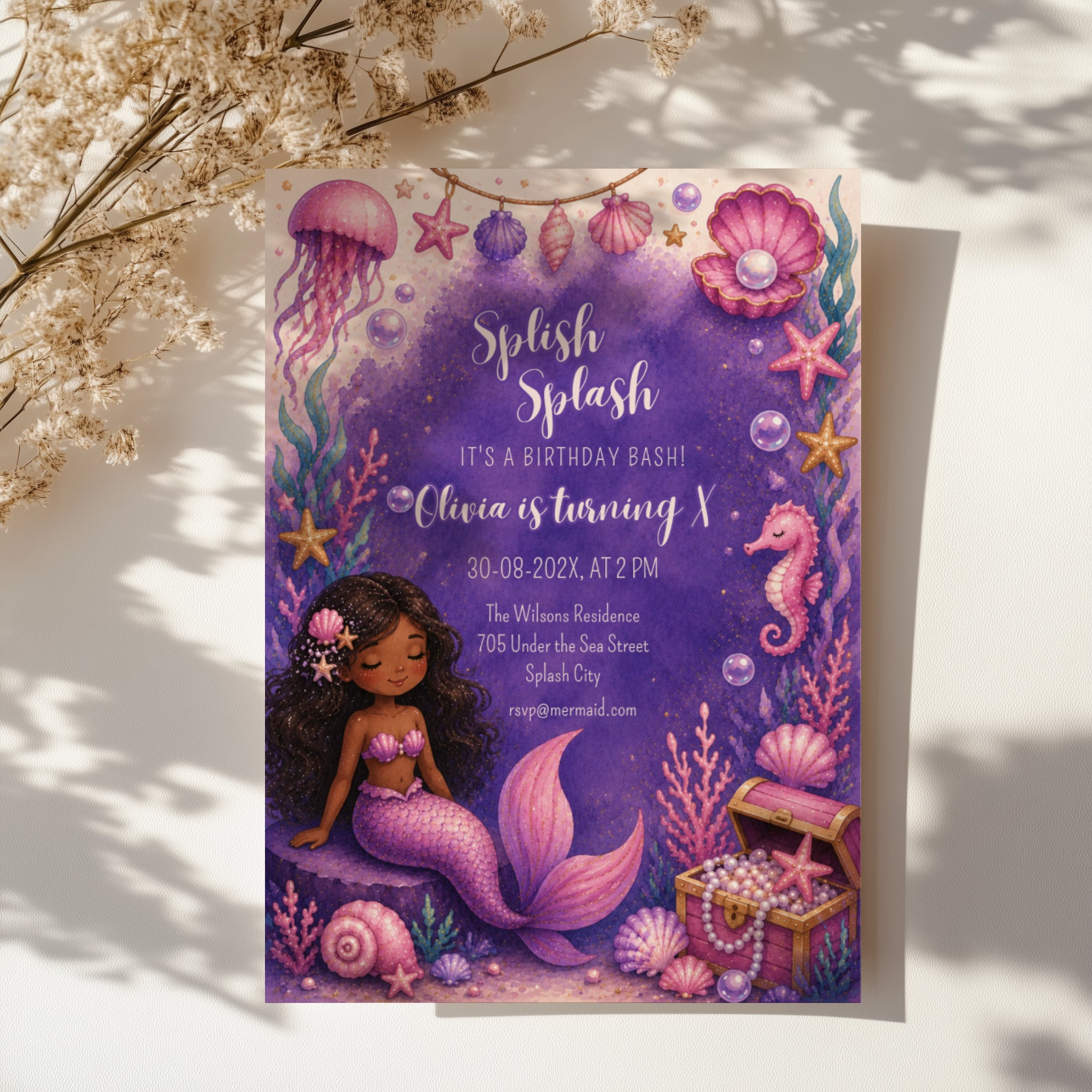 Editable purple under the sea mermaid birthday invitation with watercolor mermaid, seashells, coral and ocean treasures Canva template