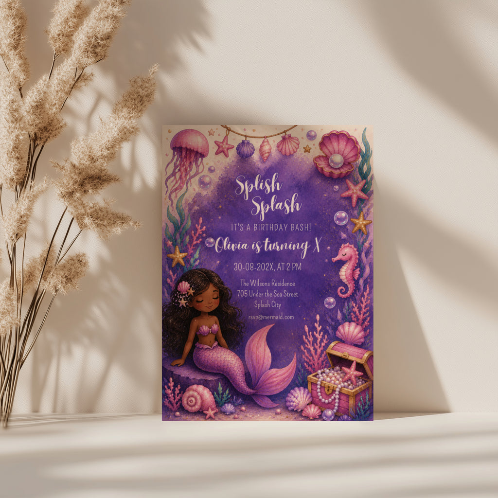 Editable purple under the sea mermaid birthday invitation with watercolor mermaid, seashells, coral and ocean treasures Canva template