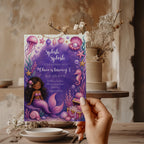 Editable purple under the sea mermaid birthday invitation with watercolor mermaid, seashells, coral and ocean treasures Canva template