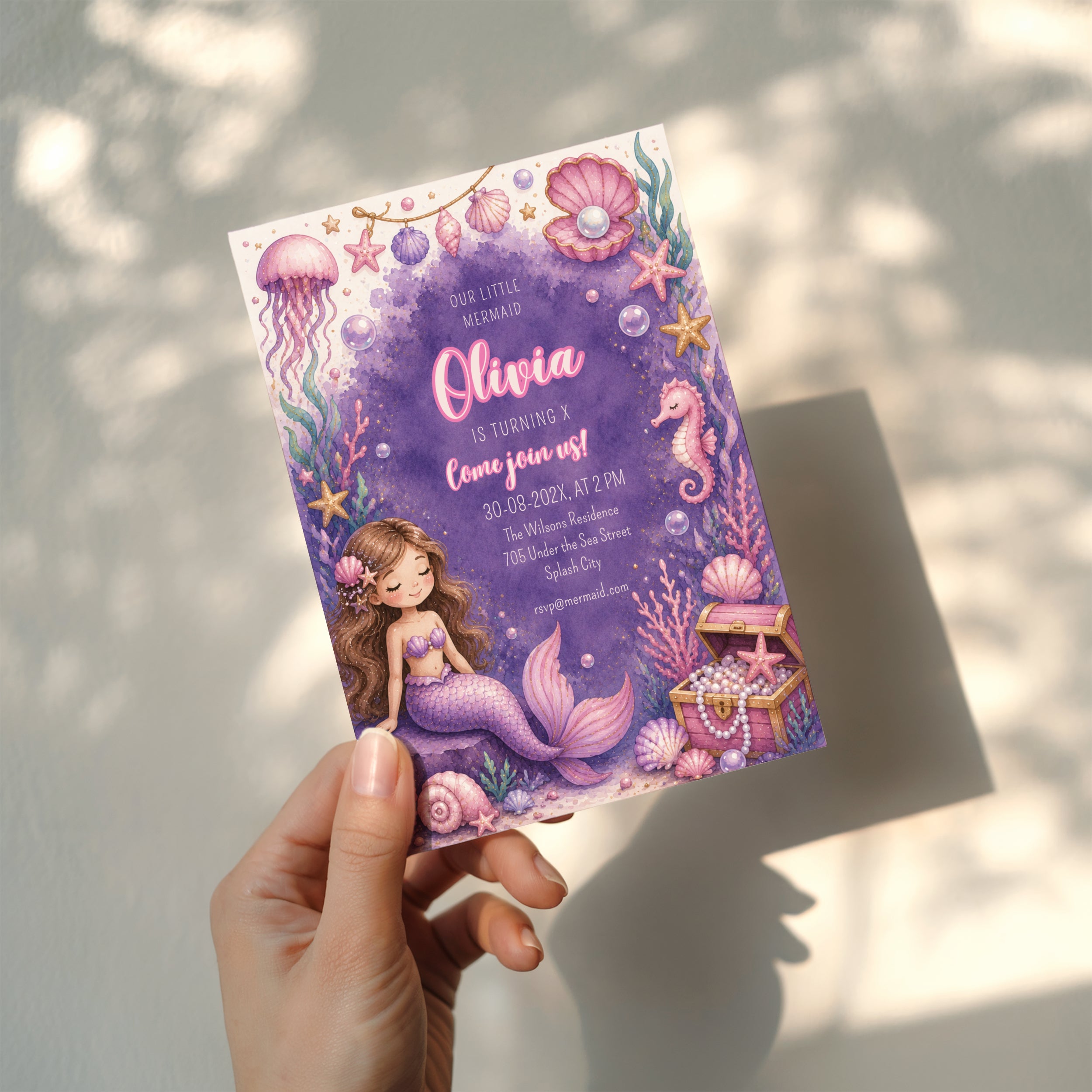 Editable cute mermaid birthday invitation with watercolor mermaid, seashells, pearls, treasure chest and under the sea theme Canva template