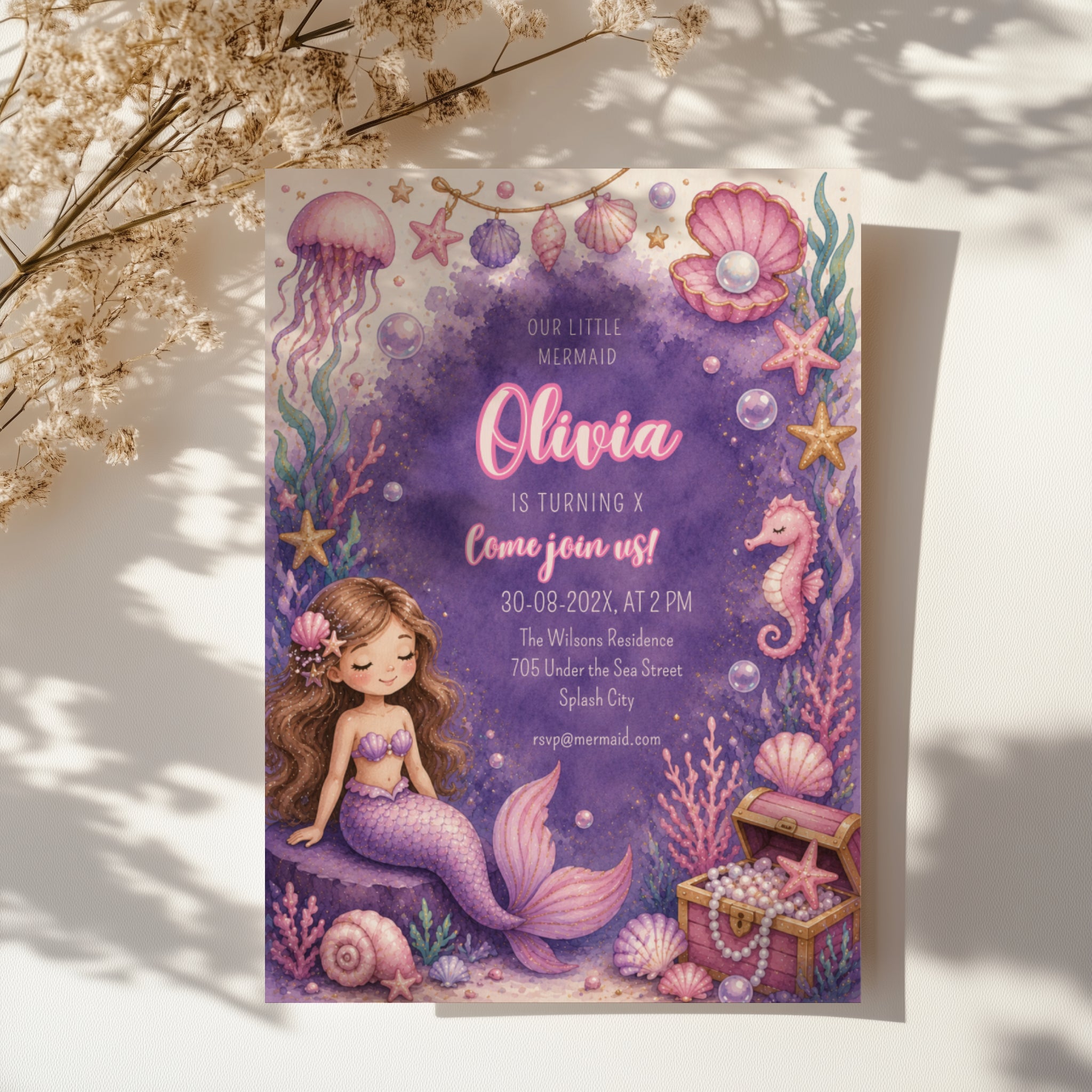Editable cute mermaid birthday invitation with watercolor mermaid, seashells, pearls, treasure chest and under the sea theme Canva template