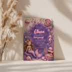 Editable cute mermaid birthday invitation with watercolor mermaid, seashells, pearls, treasure chest and under the sea theme Canva template
