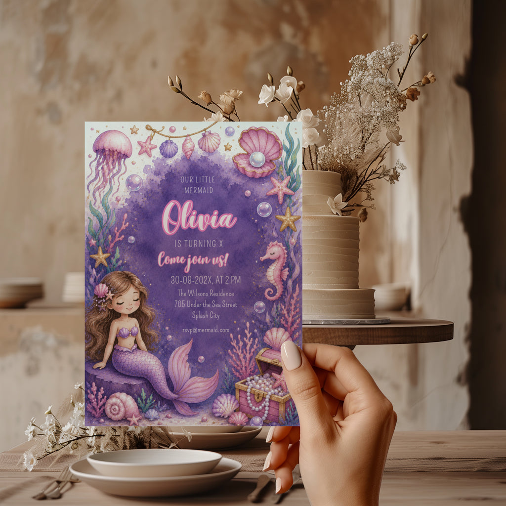 Editable cute mermaid birthday invitation with watercolor mermaid, seashells, pearls, treasure chest and under the sea theme Canva template