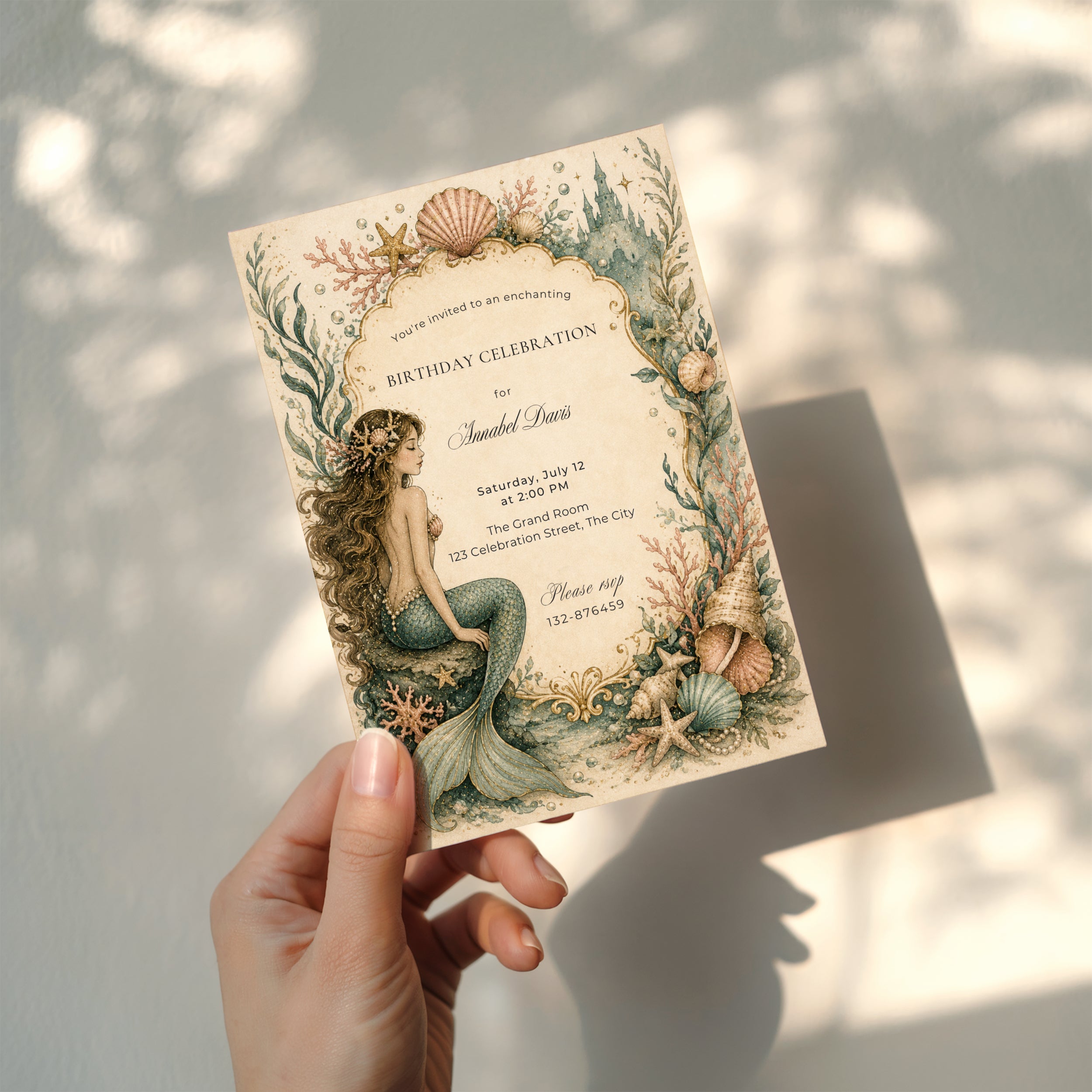 Editable elegant vintage mermaid birthday invitation with watercolor mermaid, seashells, coral, coastal castle and fairytale ocean theme Canva template