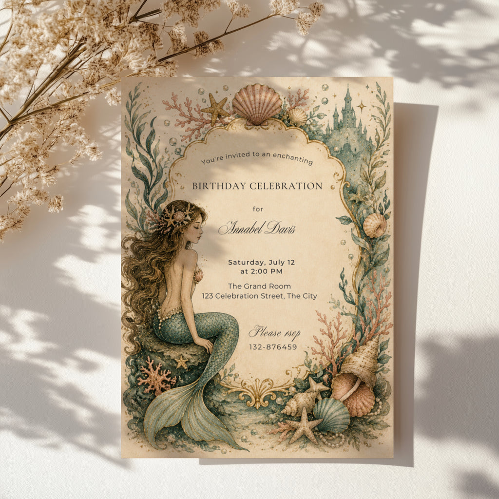 Editable elegant vintage mermaid birthday invitation with watercolor mermaid, seashells, coral, coastal castle and fairytale ocean theme Canva template