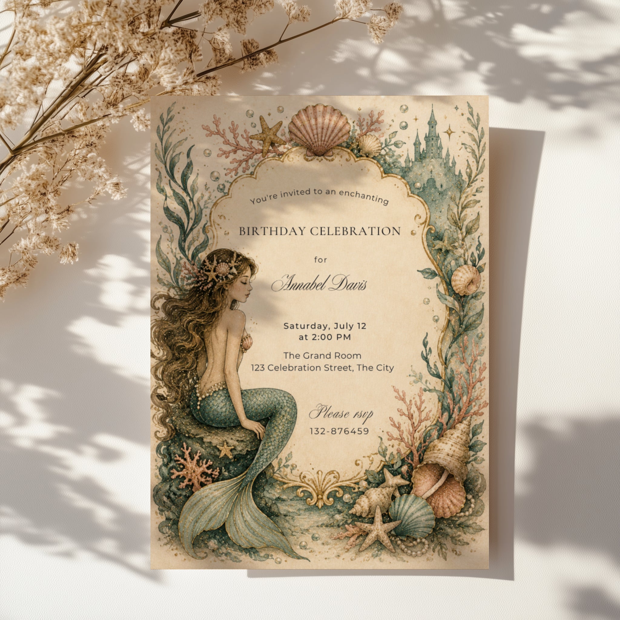 Editable elegant vintage mermaid birthday invitation with watercolor mermaid, seashells, coral, coastal castle and fairytale ocean theme Canva template
