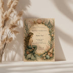 Editable elegant vintage mermaid birthday invitation with watercolor mermaid, seashells, coral, coastal castle and fairytale ocean theme Canva template