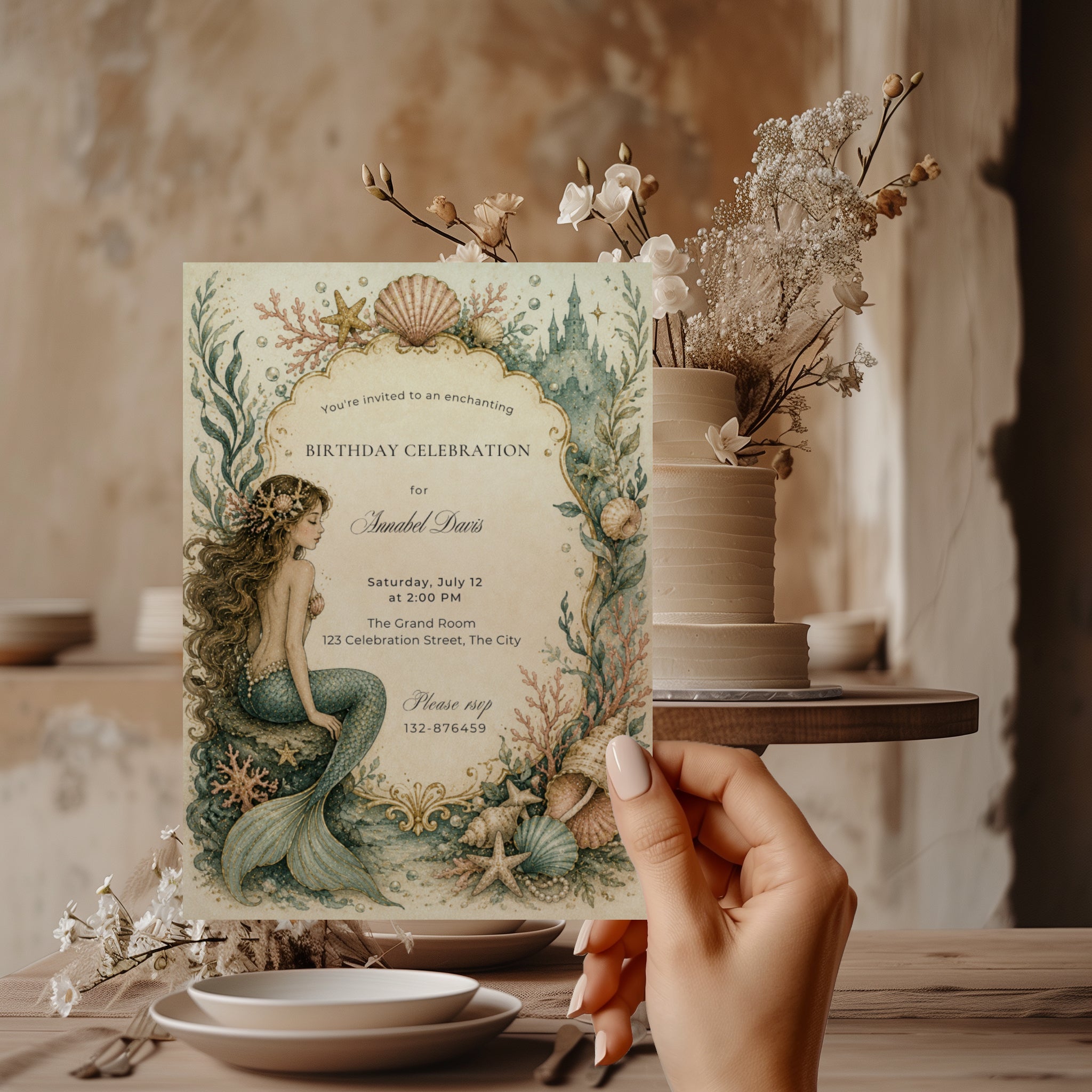 Editable elegant vintage mermaid birthday invitation with watercolor mermaid, seashells, coral, coastal castle and fairytale ocean theme Canva template