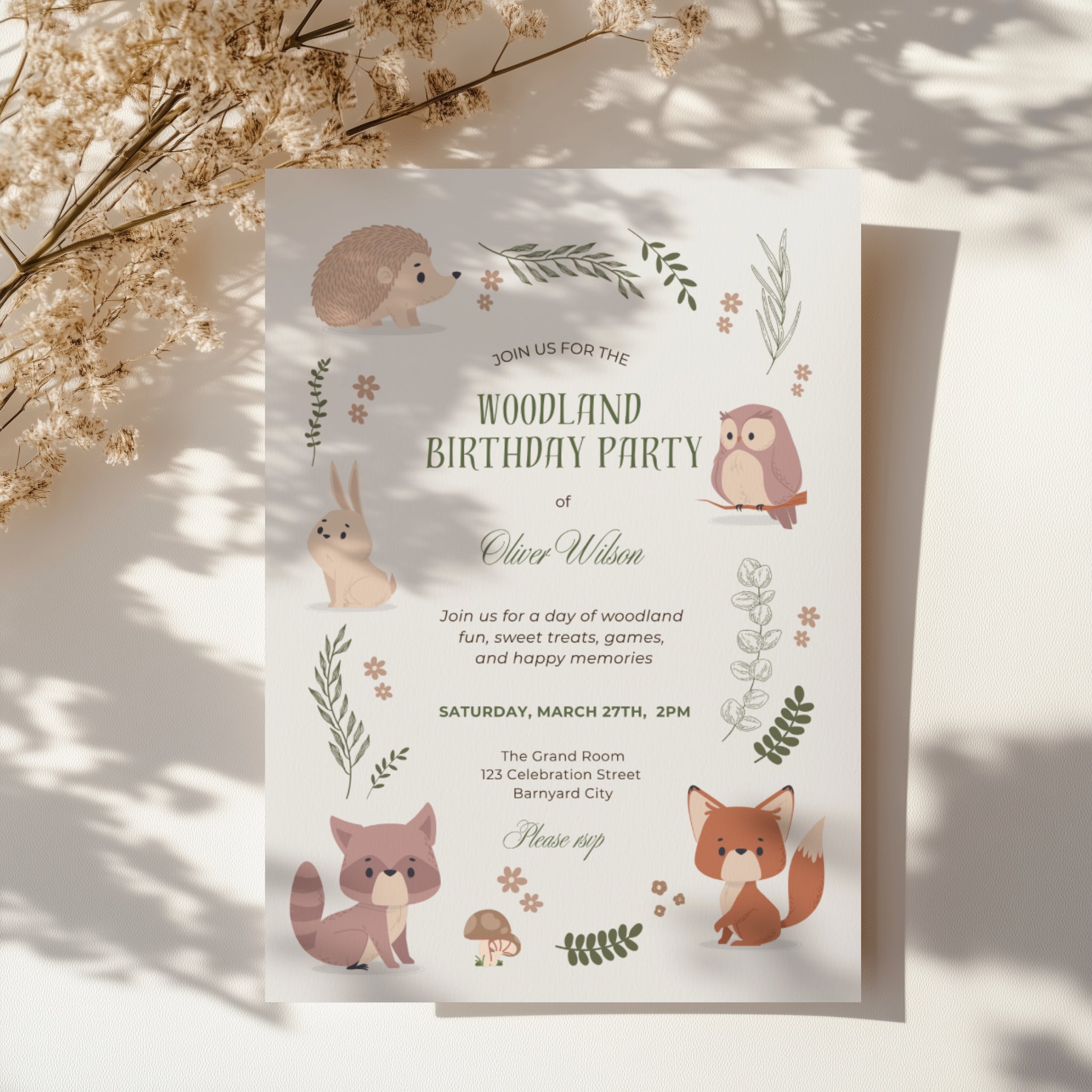 Editable woodland animals birthday invitation with fox, owl, bunny, hedgehog, raccoon and botanical forest illustrations Canva template