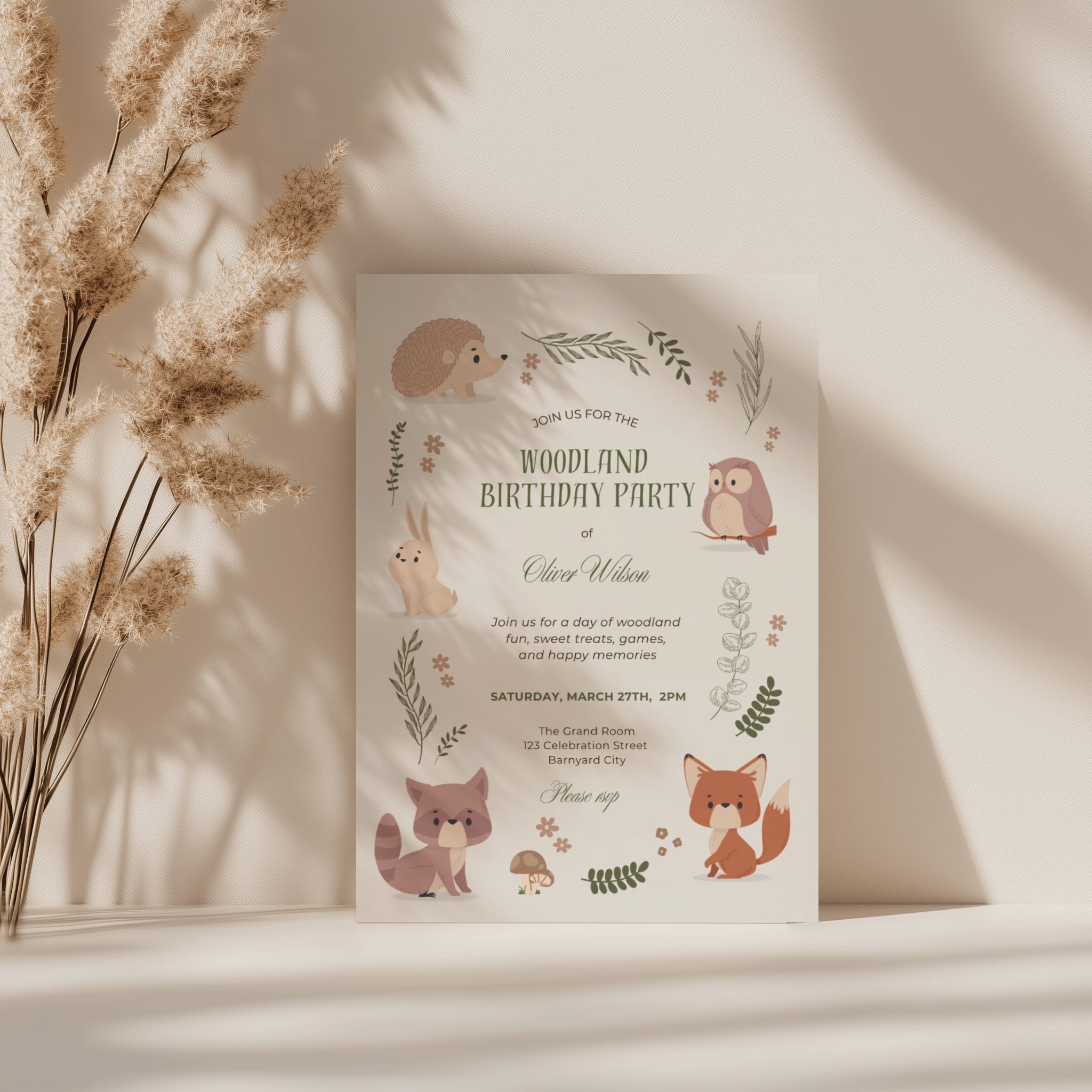 Editable woodland animals birthday invitation with fox, owl, bunny, hedgehog, raccoon and botanical forest illustrations Canva template