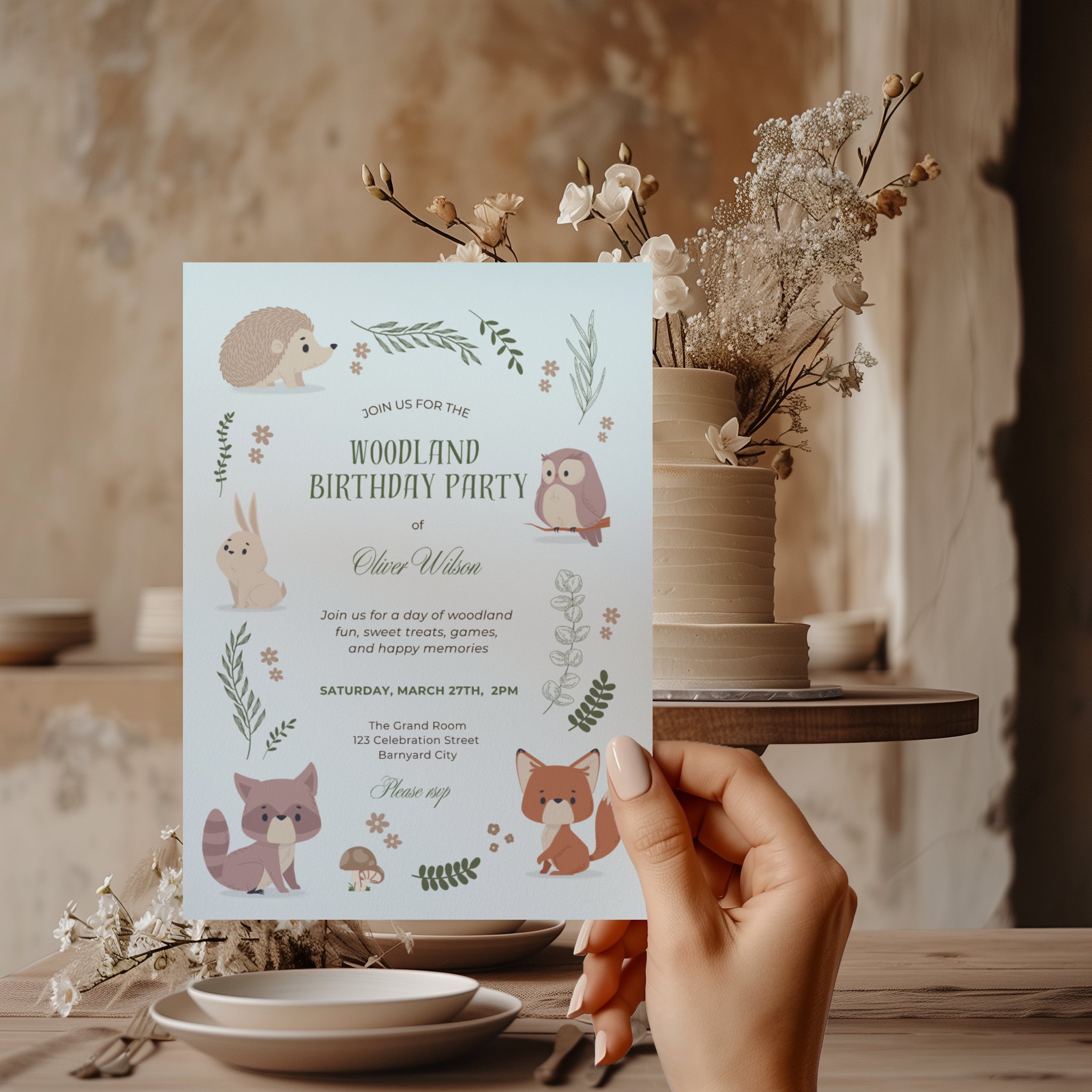 Editable woodland animals birthday invitation with fox, owl, bunny, hedgehog, raccoon and botanical forest illustrations Canva template