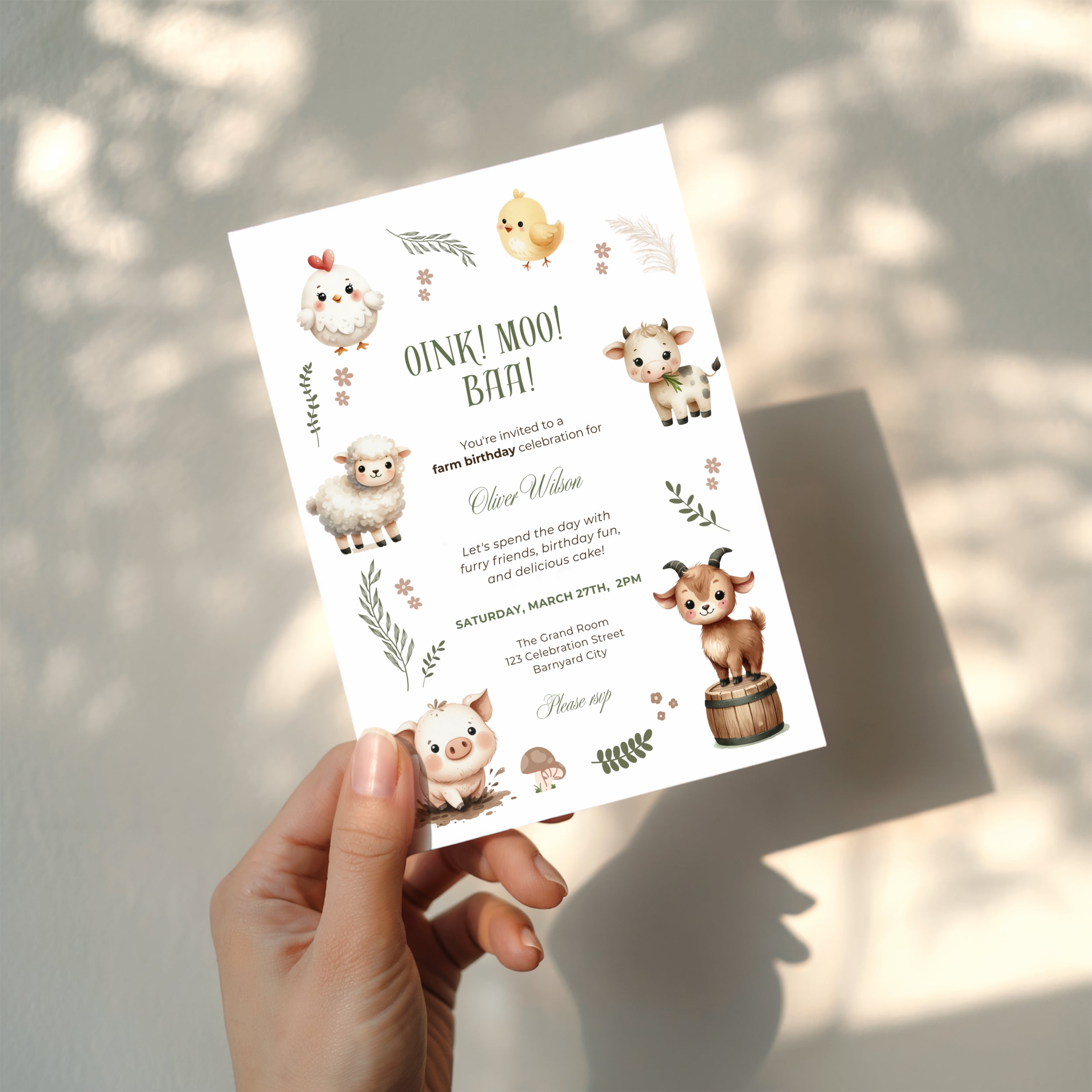 Editable barnyard farm birthday invitation with watercolor pig, cow, sheep, goat, chicken and chick Canva template