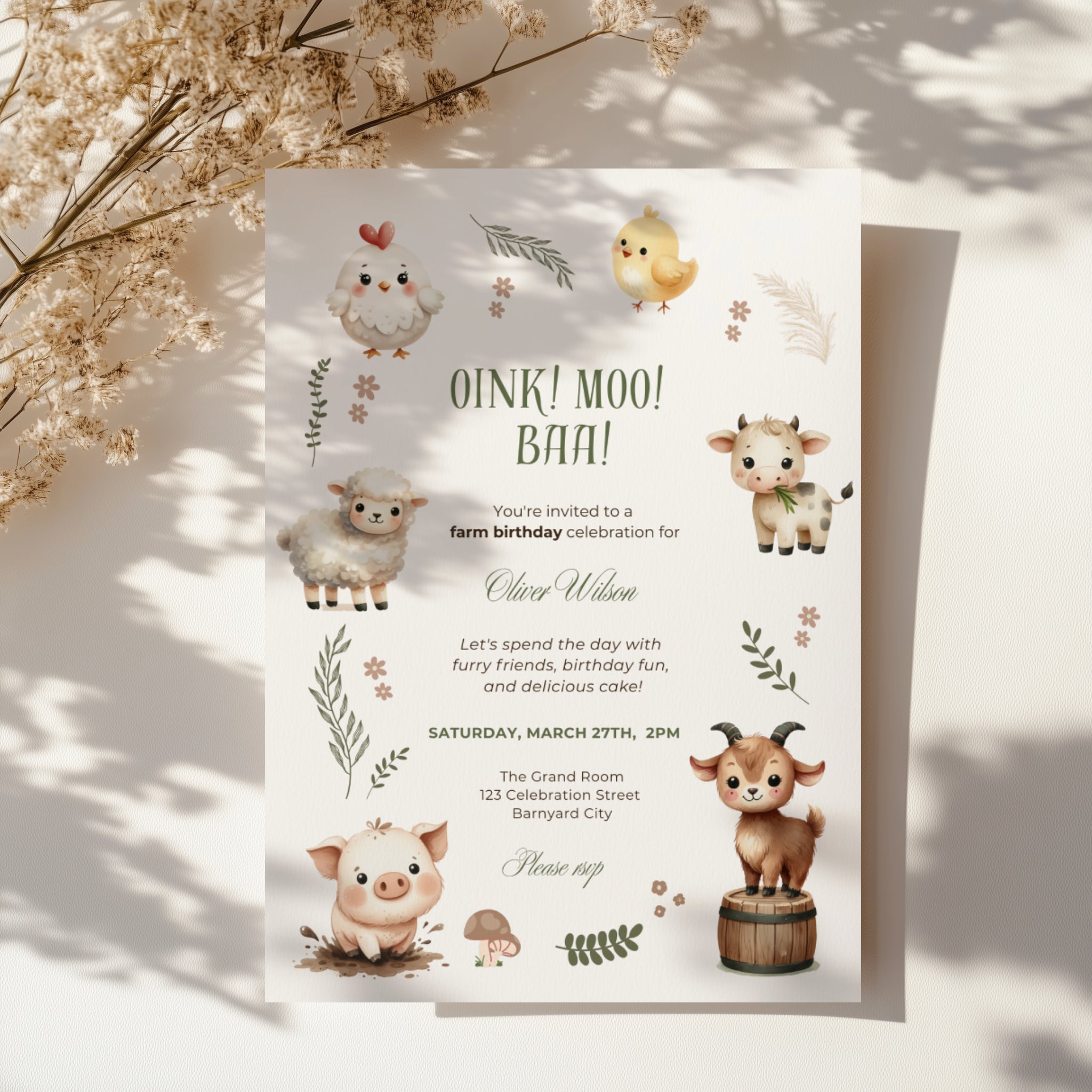 Editable barnyard farm birthday invitation with watercolor pig, cow, sheep, goat, chicken and chick Canva template